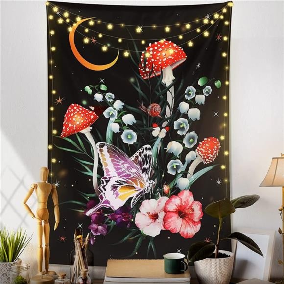 Butterfly and Flower Vertical Tapestry Wall Hanging Moon and Star Floral